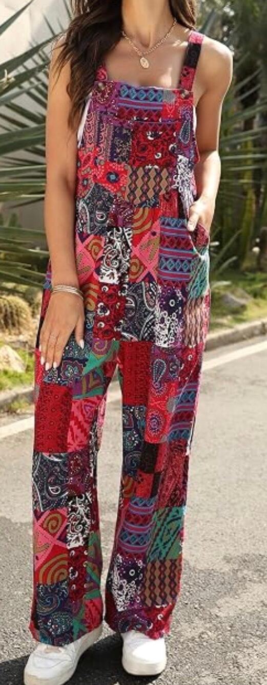 Boho Patchwork Overalls Small Festival Wide Leg Cotton Jumpsuit Cottagecore